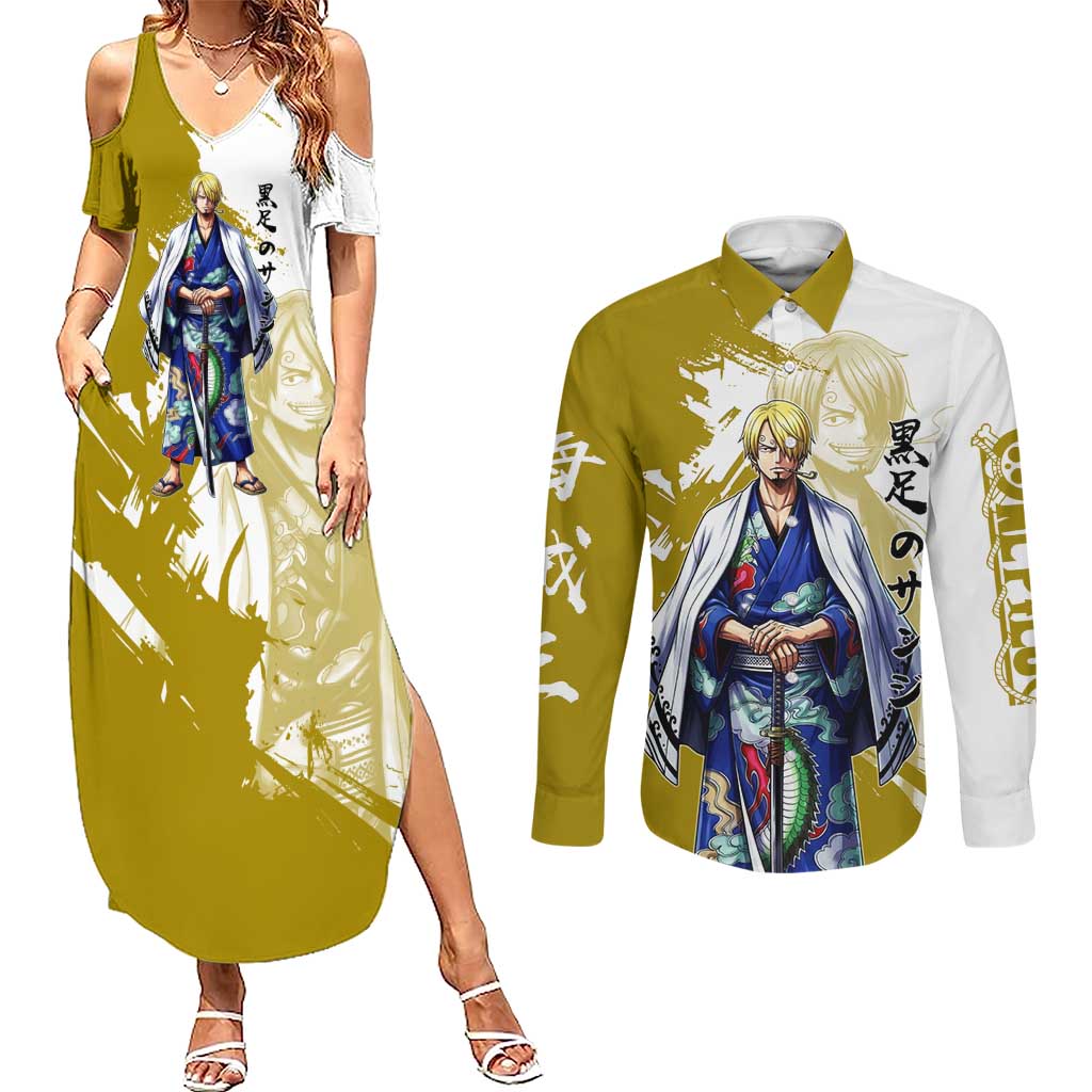 Vinsmoke Sanji - Wano Arc Samurai Style Couples Matching Summer Maxi Dress and Long Sleeve Button Shirt Sanji in Traditional Kimono - One Piece Wano Edition