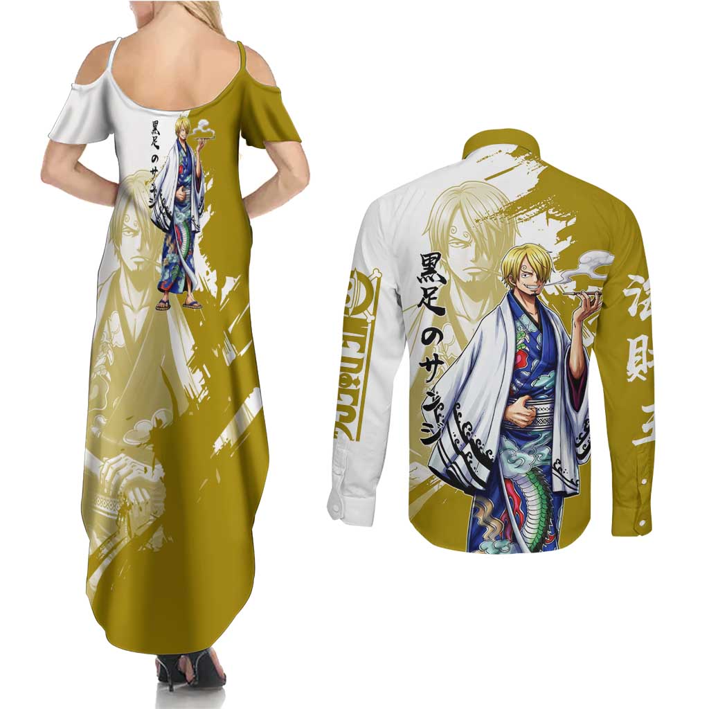 Vinsmoke Sanji - Wano Arc Samurai Style Couples Matching Summer Maxi Dress and Long Sleeve Button Shirt Sanji in Traditional Kimono - One Piece Wano Edition