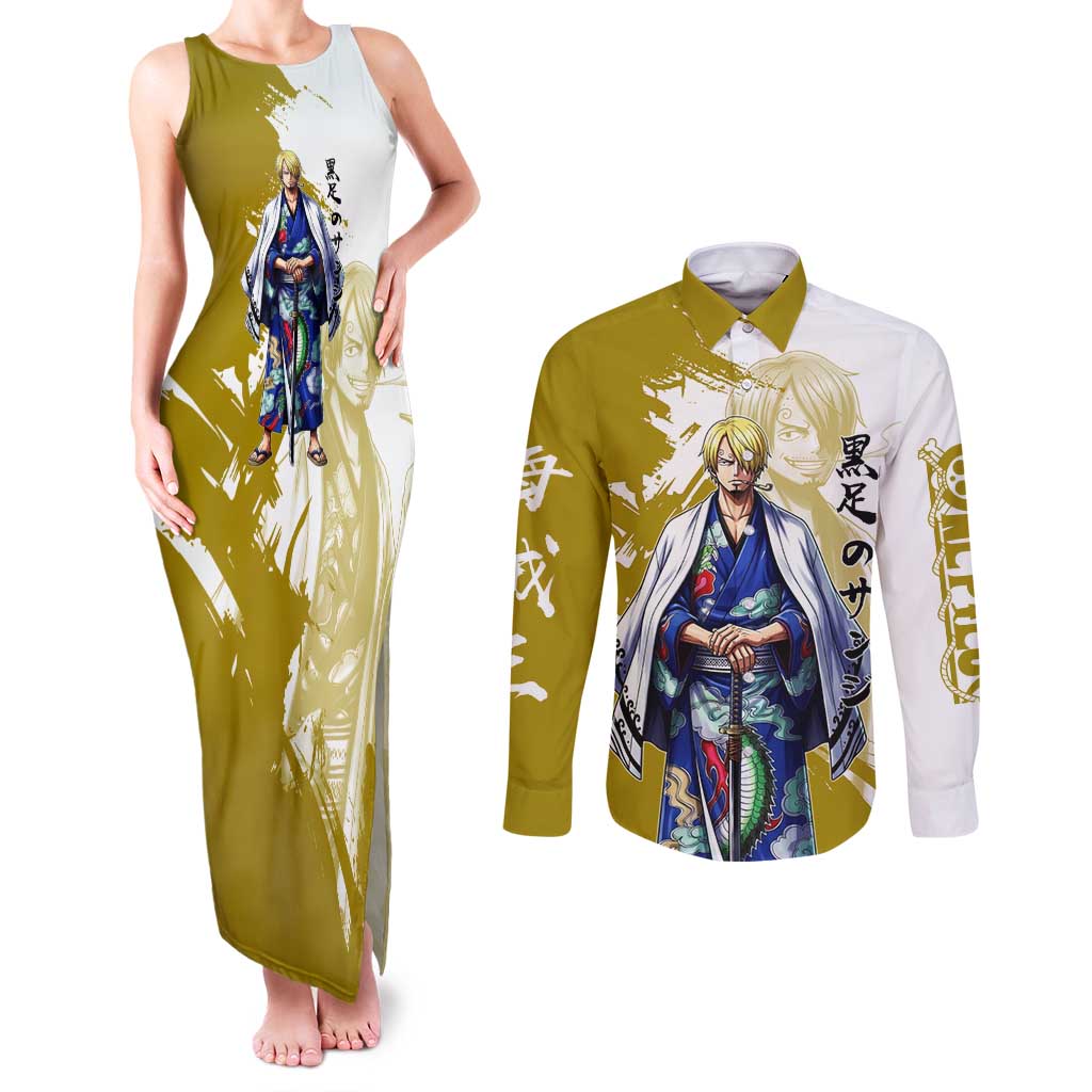 Vinsmoke Sanji - Wano Arc Samurai Style Couples Matching Tank Maxi Dress and Long Sleeve Button Shirt Sanji in Traditional Kimono - One Piece Wano Edition