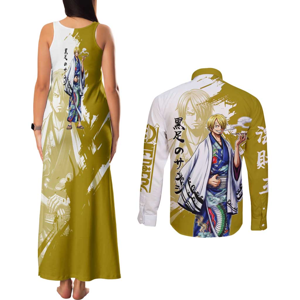 Vinsmoke Sanji - Wano Arc Samurai Style Couples Matching Tank Maxi Dress and Long Sleeve Button Shirt Sanji in Traditional Kimono - One Piece Wano Edition