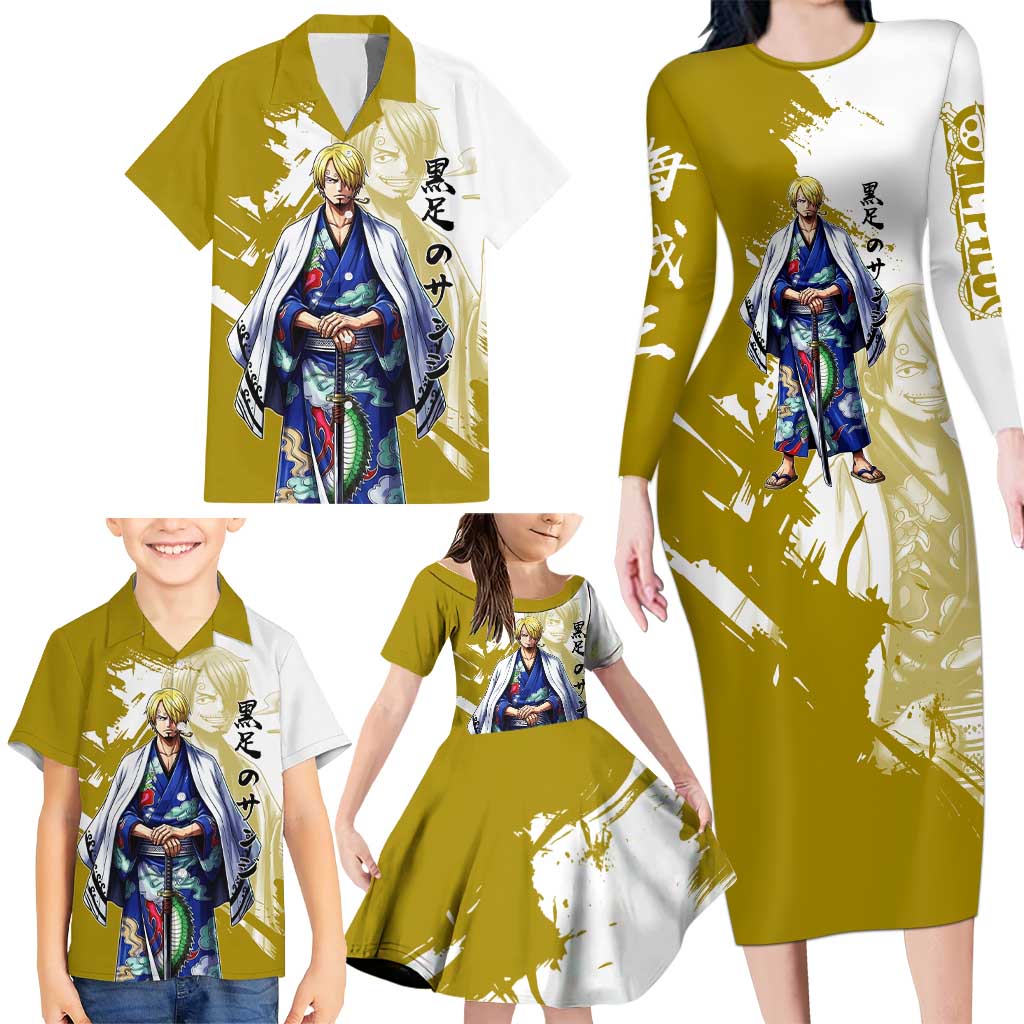 Vinsmoke Sanji - Wano Arc Samurai Style Family Matching Long Sleeve Bodycon Dress and Hawaiian Shirt Sanji in Traditional Kimono - One Piece Wano Edition