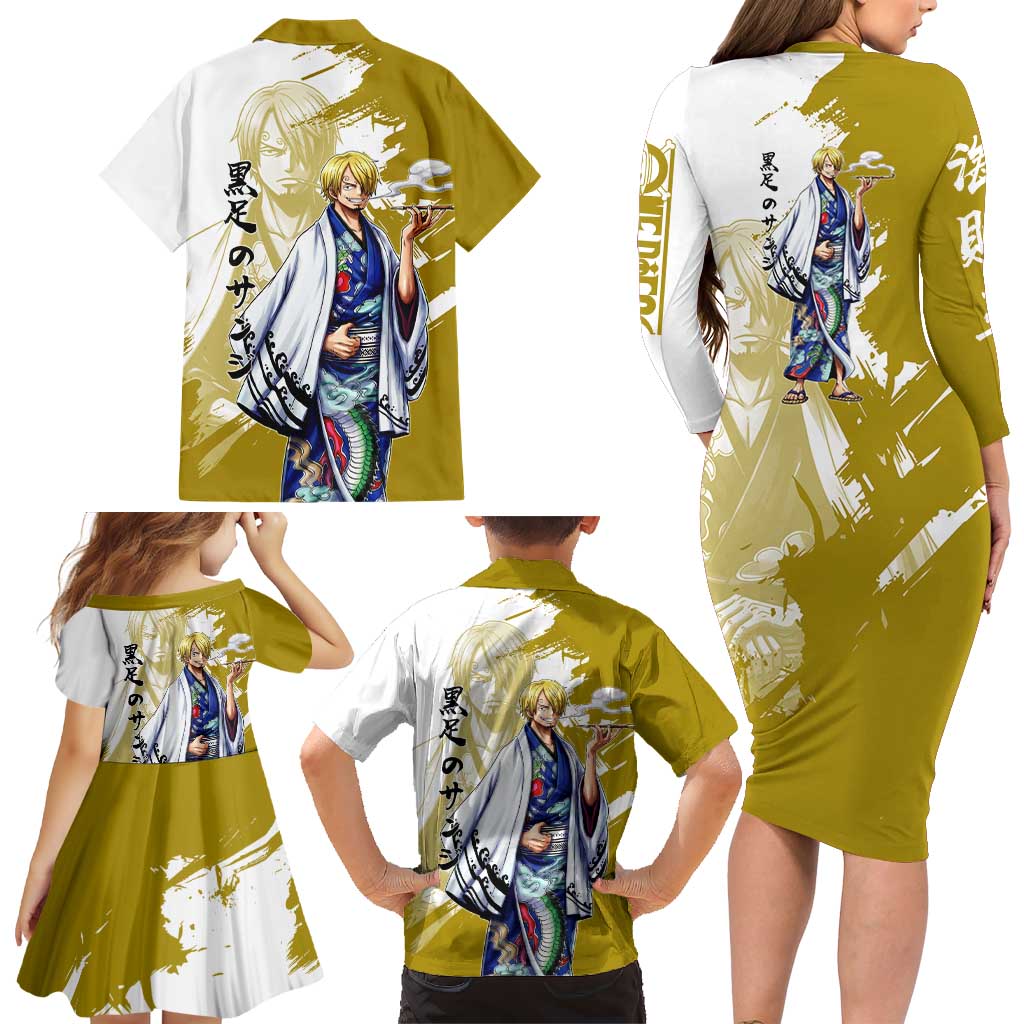 Vinsmoke Sanji - Wano Arc Samurai Style Family Matching Long Sleeve Bodycon Dress and Hawaiian Shirt Sanji in Traditional Kimono - One Piece Wano Edition