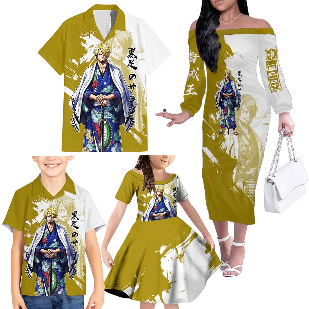 Vinsmoke Sanji - Wano Arc Samurai Style Family Matching Off The Shoulder Long Sleeve Dress and Hawaiian Shirt Sanji in Traditional Kimono - One Piece Wano Edition
