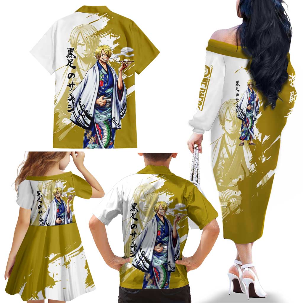 Vinsmoke Sanji - Wano Arc Samurai Style Family Matching Off The Shoulder Long Sleeve Dress and Hawaiian Shirt Sanji in Traditional Kimono - One Piece Wano Edition