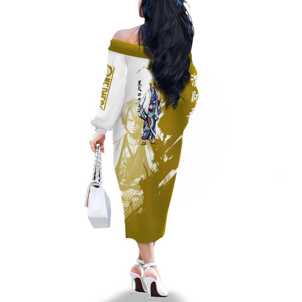 Vinsmoke Sanji - Wano Arc Samurai Style Family Matching Off The Shoulder Long Sleeve Dress and Hawaiian Shirt Sanji in Traditional Kimono - One Piece Wano Edition