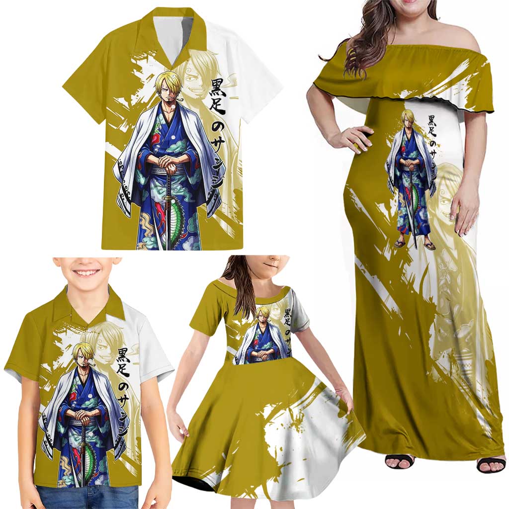 Vinsmoke Sanji - Wano Arc Samurai Style Family Matching Off Shoulder Maxi Dress and Hawaiian Shirt Sanji in Traditional Kimono - One Piece Wano Edition