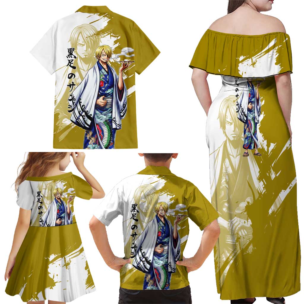 Vinsmoke Sanji - Wano Arc Samurai Style Family Matching Off Shoulder Maxi Dress and Hawaiian Shirt Sanji in Traditional Kimono - One Piece Wano Edition