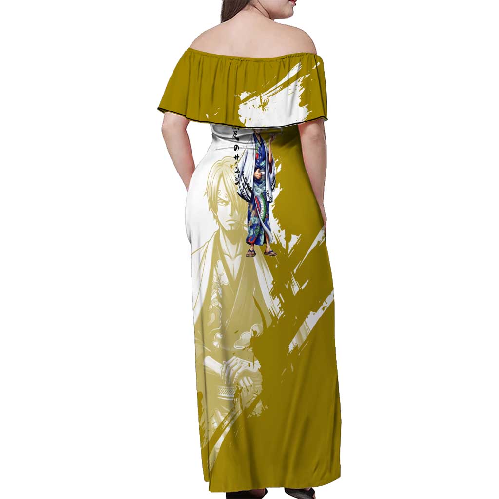 Vinsmoke Sanji - Wano Arc Samurai Style Family Matching Off Shoulder Maxi Dress and Hawaiian Shirt Sanji in Traditional Kimono - One Piece Wano Edition