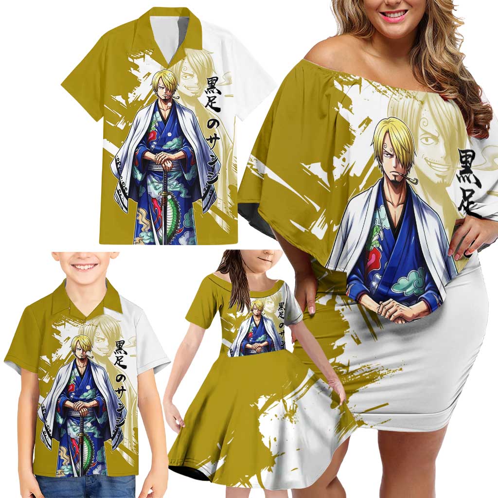 Vinsmoke Sanji - Wano Arc Samurai Style Family Matching Off Shoulder Short Dress and Hawaiian Shirt Sanji in Traditional Kimono - One Piece Wano Edition