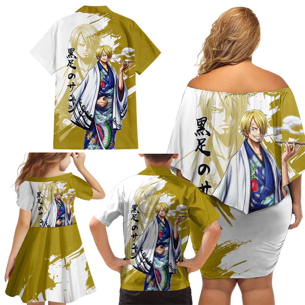 Vinsmoke Sanji - Wano Arc Samurai Style Family Matching Off Shoulder Short Dress and Hawaiian Shirt Sanji in Traditional Kimono - One Piece Wano Edition