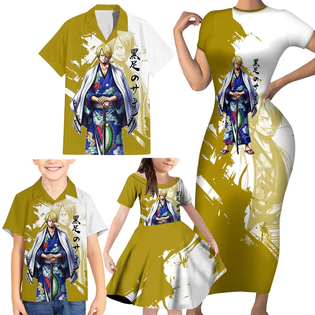Vinsmoke Sanji - Wano Arc Samurai Style Family Matching Short Sleeve Bodycon Dress and Hawaiian Shirt Sanji in Traditional Kimono - One Piece Wano Edition