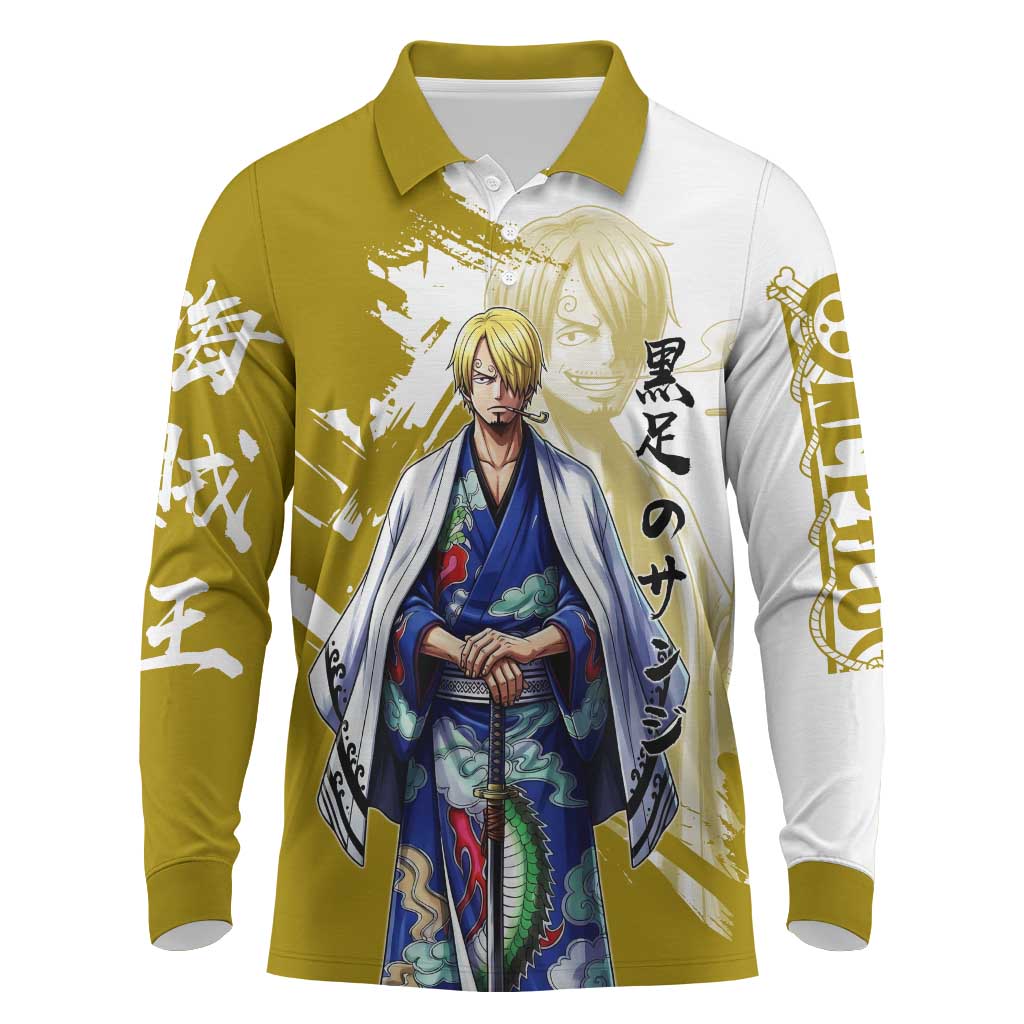 Vinsmoke Sanji - Wano Arc Samurai Style Long Sleeve Polo Shirt Sanji in Traditional Kimono - One Piece Wano Edition