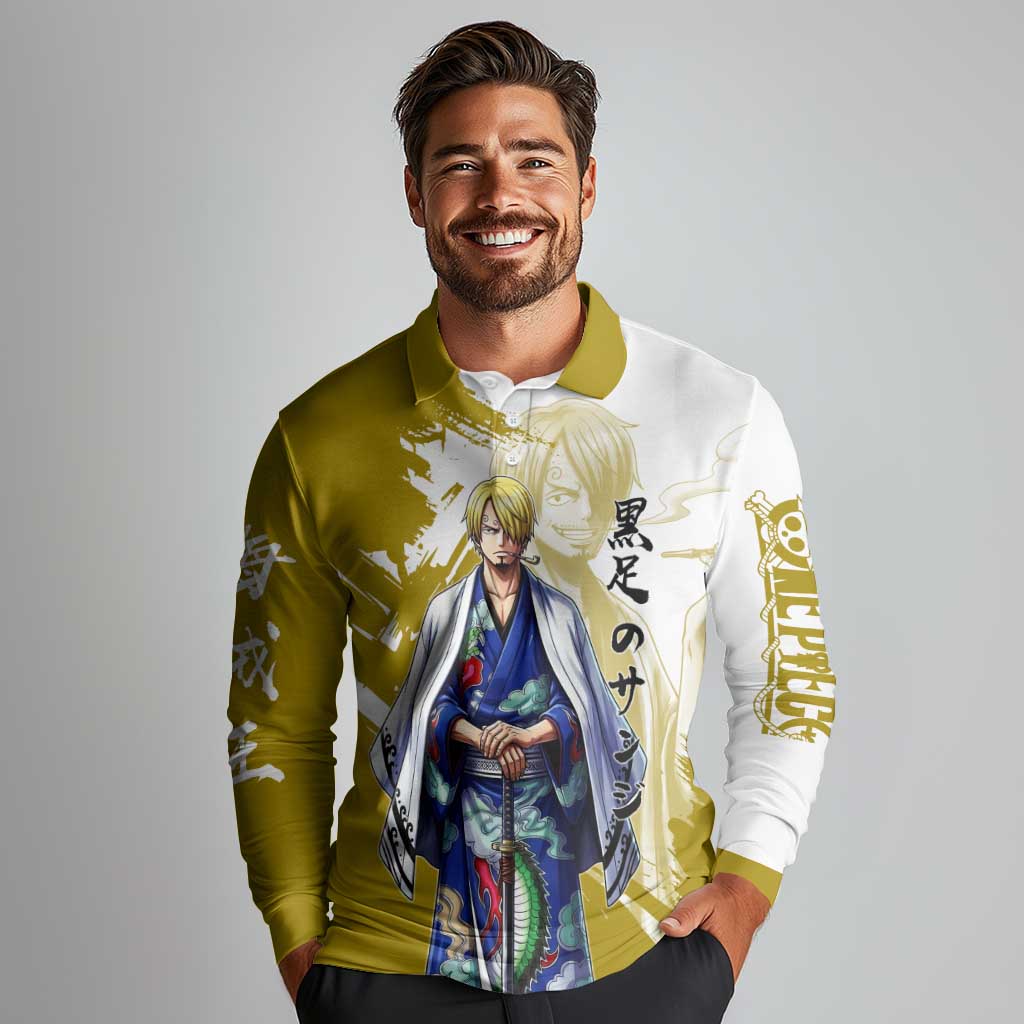 Vinsmoke Sanji - Wano Arc Samurai Style Long Sleeve Polo Shirt Sanji in Traditional Kimono - One Piece Wano Edition