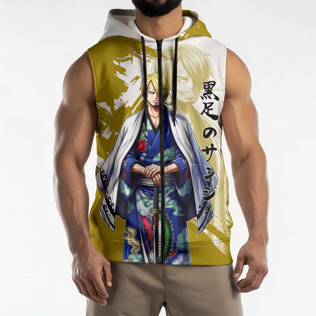 Vinsmoke Sanji - Wano Arc Samurai Style Sleeveless Zip Hoodie Sanji in Traditional Kimono - One Piece Wano Edition