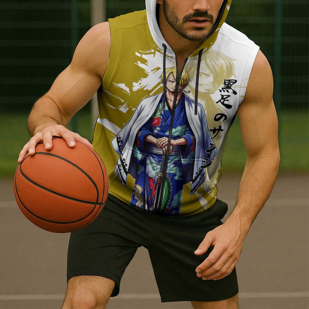 Vinsmoke Sanji - Wano Arc Samurai Style Sleeveless Zip Hoodie Sanji in Traditional Kimono - One Piece Wano Edition