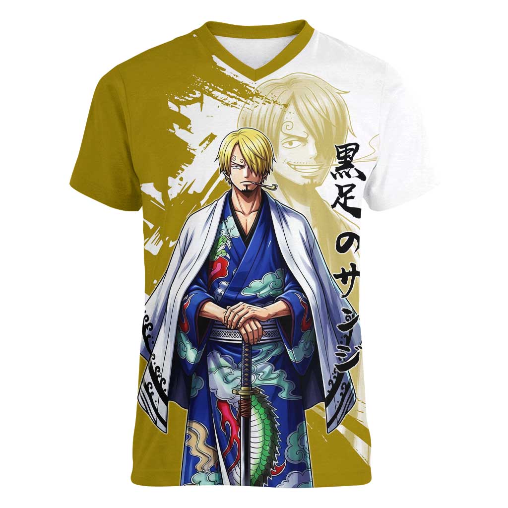 Vinsmoke Sanji - Wano Arc Samurai Style Women V-Neck T-Shirt Sanji in Traditional Kimono - One Piece Wano Edition