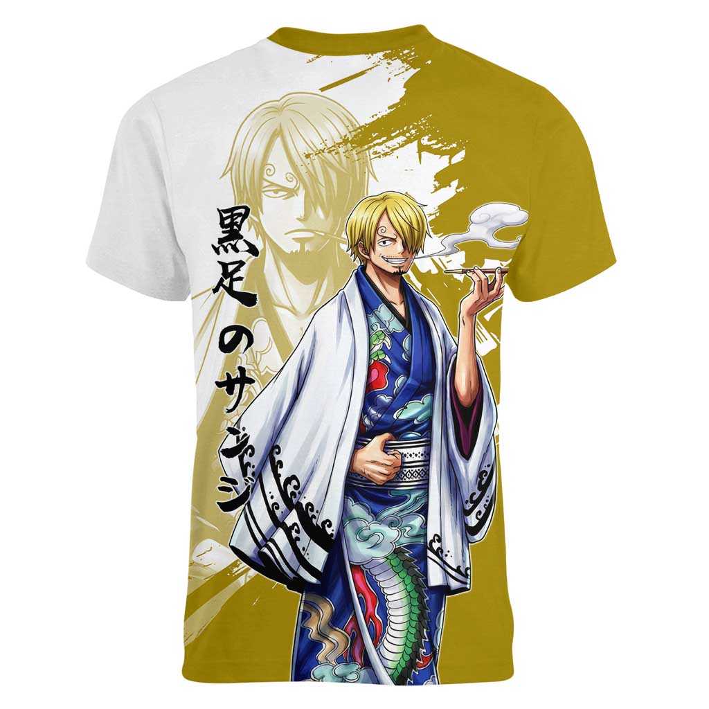 Vinsmoke Sanji - Wano Arc Samurai Style Women V-Neck T-Shirt Sanji in Traditional Kimono - One Piece Wano Edition