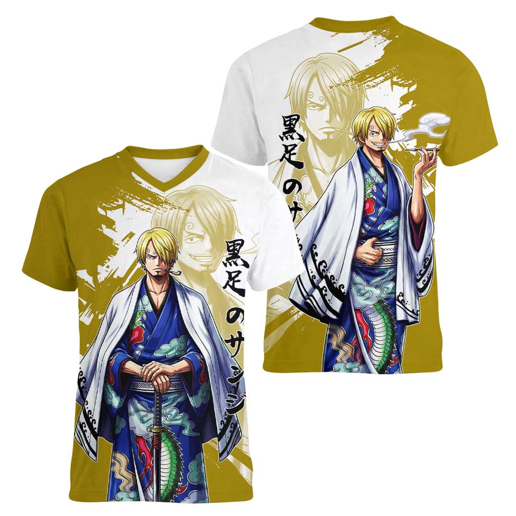 Vinsmoke Sanji - Wano Arc Samurai Style Women V-Neck T-Shirt Sanji in Traditional Kimono - One Piece Wano Edition