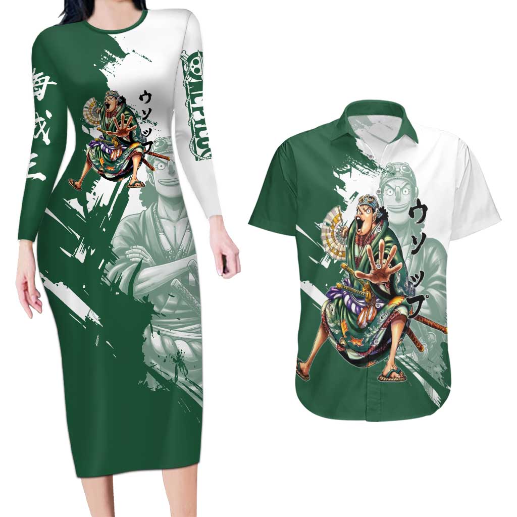 Usopp Wano Samurai Edition Couples Matching Long Sleeve Bodycon Dress and Hawaiian Shirt Traditional Japanese Kimono Style