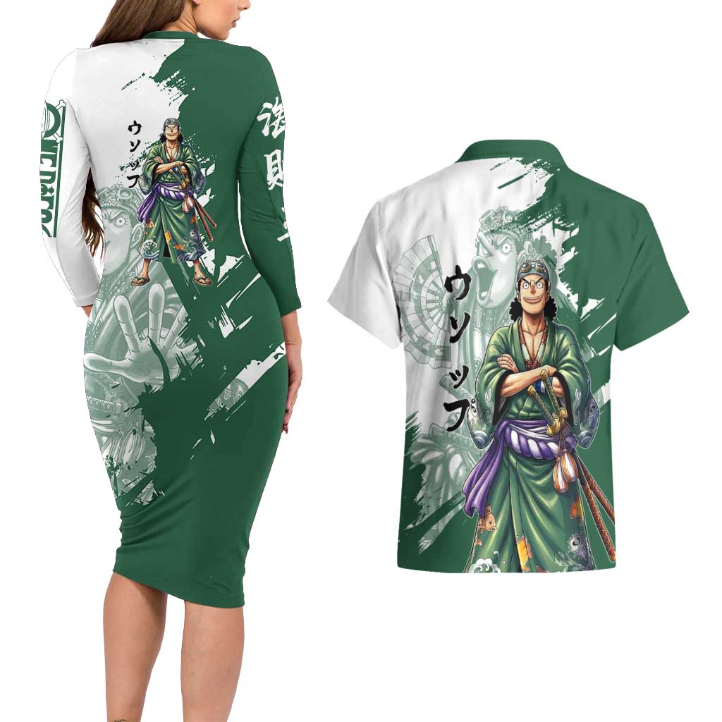 Usopp Wano Samurai Edition Couples Matching Long Sleeve Bodycon Dress and Hawaiian Shirt Traditional Japanese Kimono Style