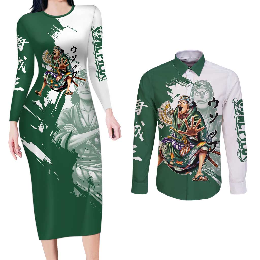 Usopp Wano Samurai Edition Couples Matching Long Sleeve Bodycon Dress and Long Sleeve Button Shirt Traditional Japanese Kimono Style