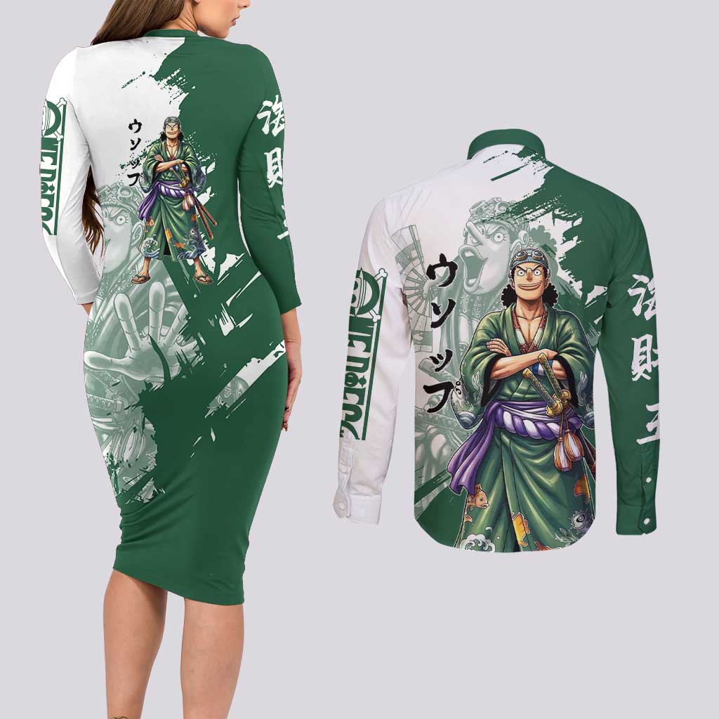 Usopp Wano Samurai Edition Couples Matching Long Sleeve Bodycon Dress and Long Sleeve Button Shirt Traditional Japanese Kimono Style
