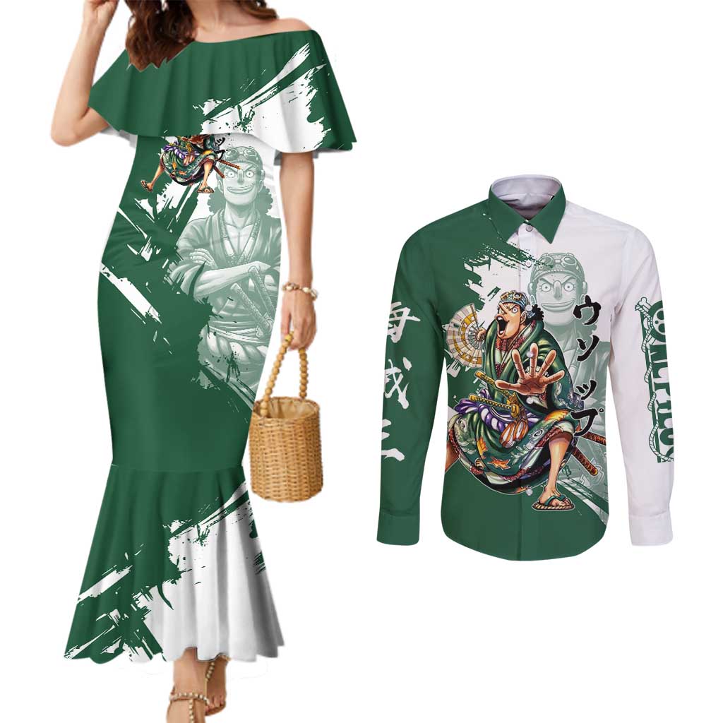 Usopp Wano Samurai Edition Couples Matching Mermaid Dress and Long Sleeve Button Shirt Traditional Japanese Kimono Style