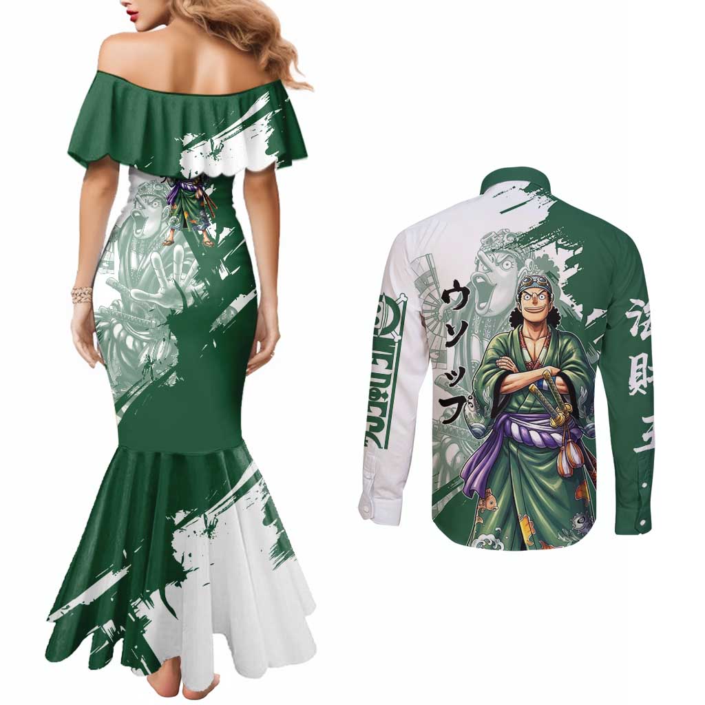 Usopp Wano Samurai Edition Couples Matching Mermaid Dress and Long Sleeve Button Shirt Traditional Japanese Kimono Style