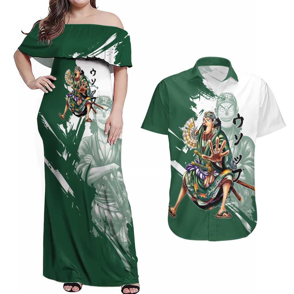 Usopp Wano Samurai Edition Couples Matching Off Shoulder Maxi Dress and Hawaiian Shirt Traditional Japanese Kimono Style