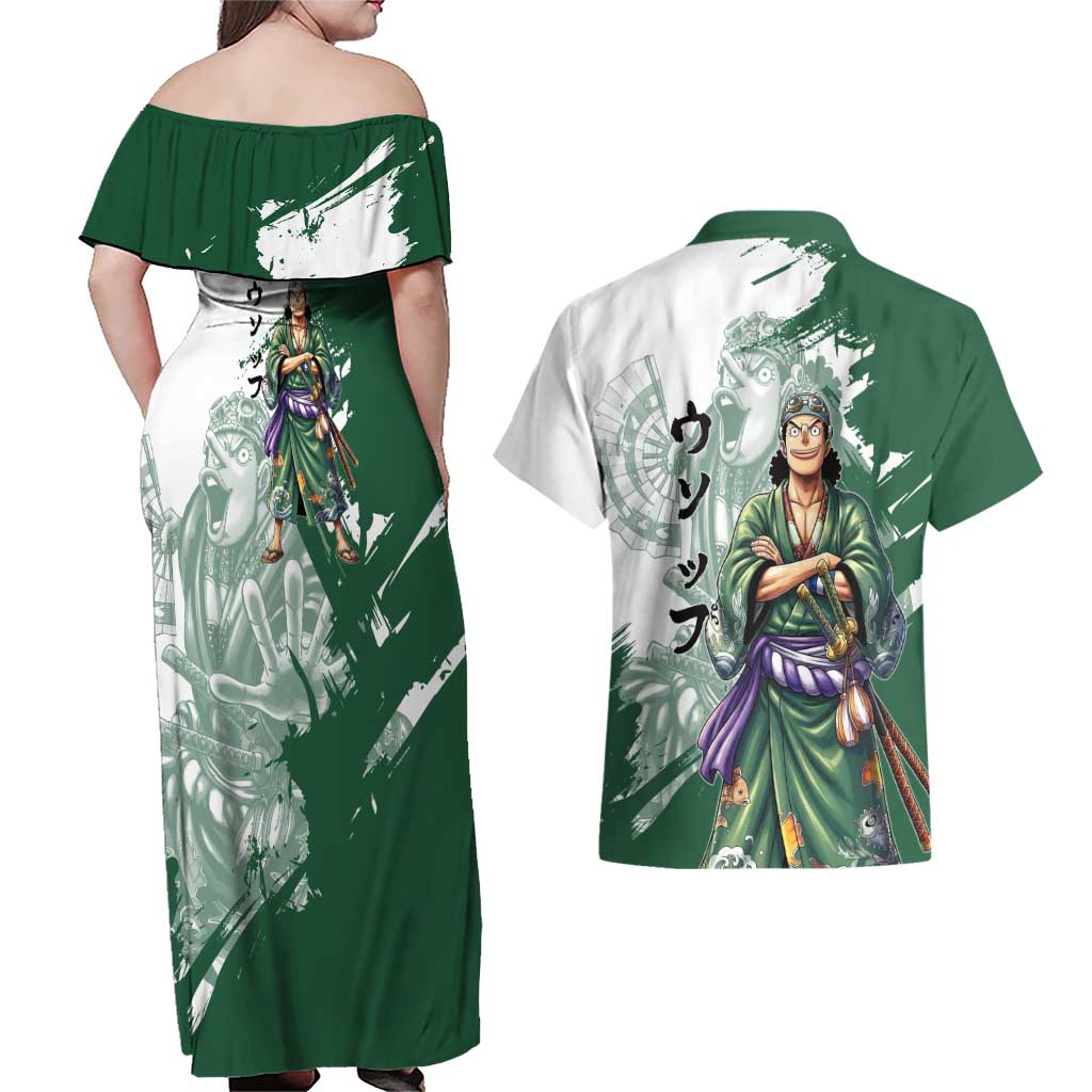 Usopp Wano Samurai Edition Couples Matching Off Shoulder Maxi Dress and Hawaiian Shirt Traditional Japanese Kimono Style