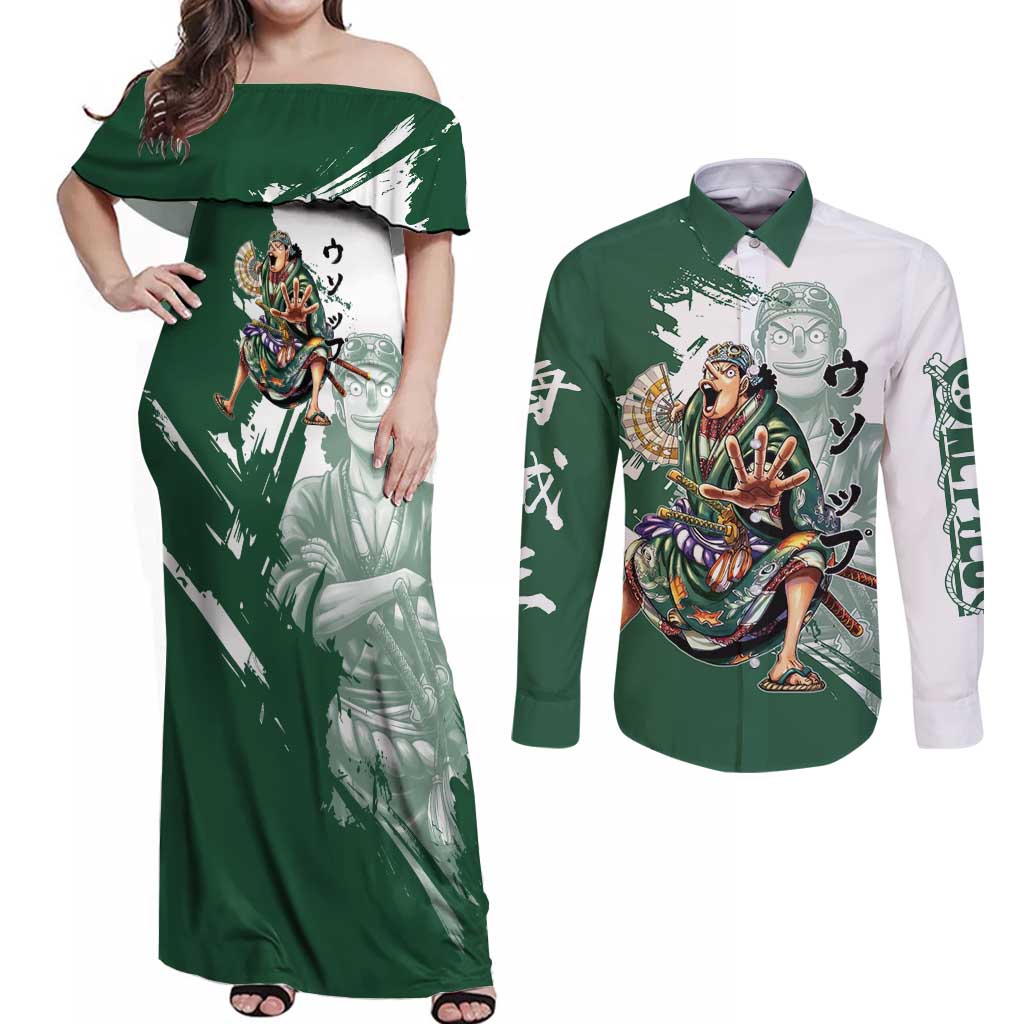 Usopp Wano Samurai Edition Couples Matching Off Shoulder Maxi Dress and Long Sleeve Button Shirt Traditional Japanese Kimono Style