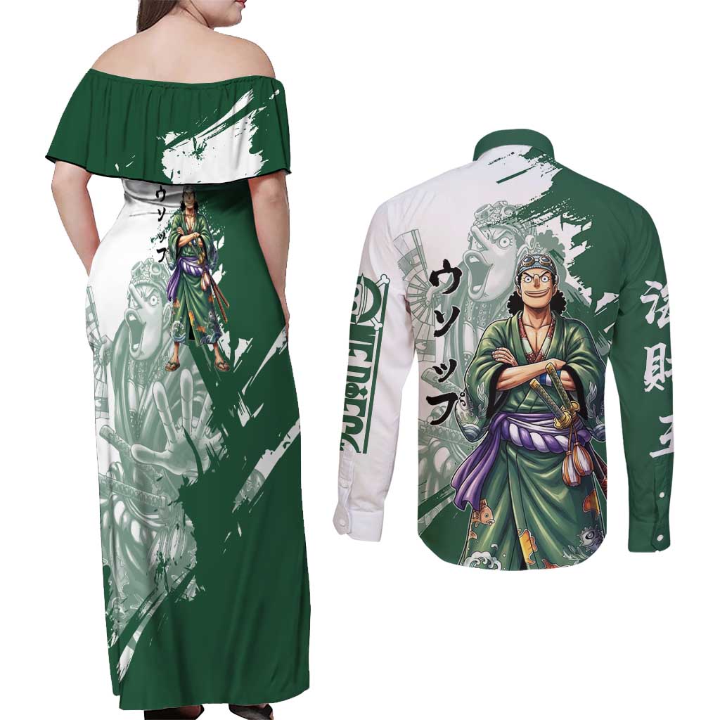 Usopp Wano Samurai Edition Couples Matching Off Shoulder Maxi Dress and Long Sleeve Button Shirt Traditional Japanese Kimono Style