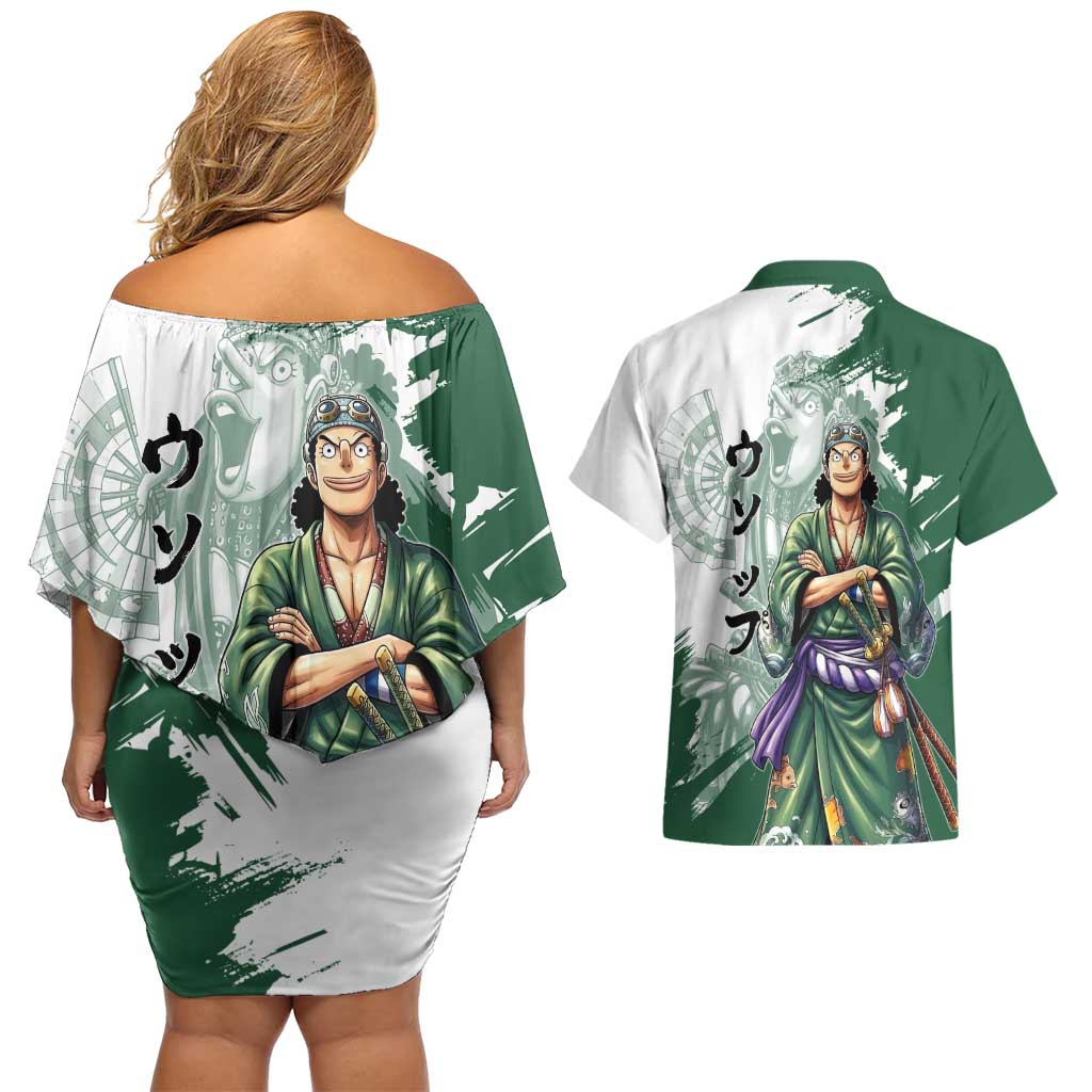Usopp Wano Samurai Edition Couples Matching Off Shoulder Short Dress and Hawaiian Shirt Traditional Japanese Kimono Style