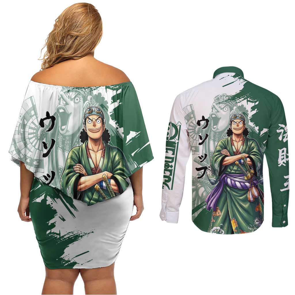 Usopp Wano Samurai Edition Couples Matching Off Shoulder Short Dress and Long Sleeve Button Shirt Traditional Japanese Kimono Style
