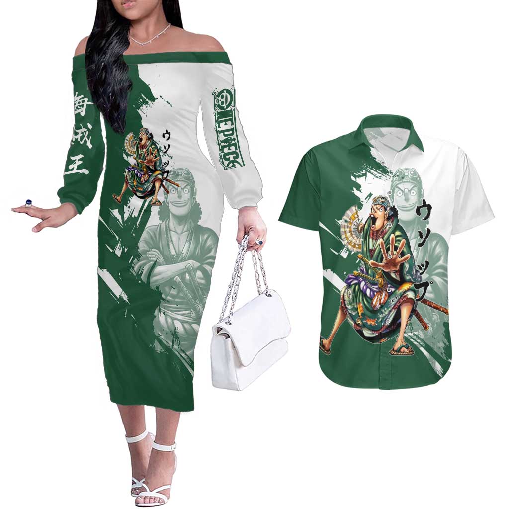 Usopp Wano Samurai Edition Couples Matching Off The Shoulder Long Sleeve Dress and Hawaiian Shirt Traditional Japanese Kimono Style
