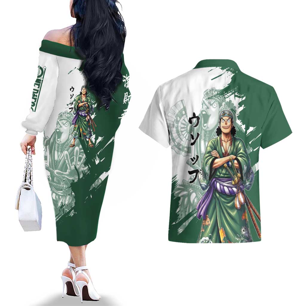 Usopp Wano Samurai Edition Couples Matching Off The Shoulder Long Sleeve Dress and Hawaiian Shirt Traditional Japanese Kimono Style