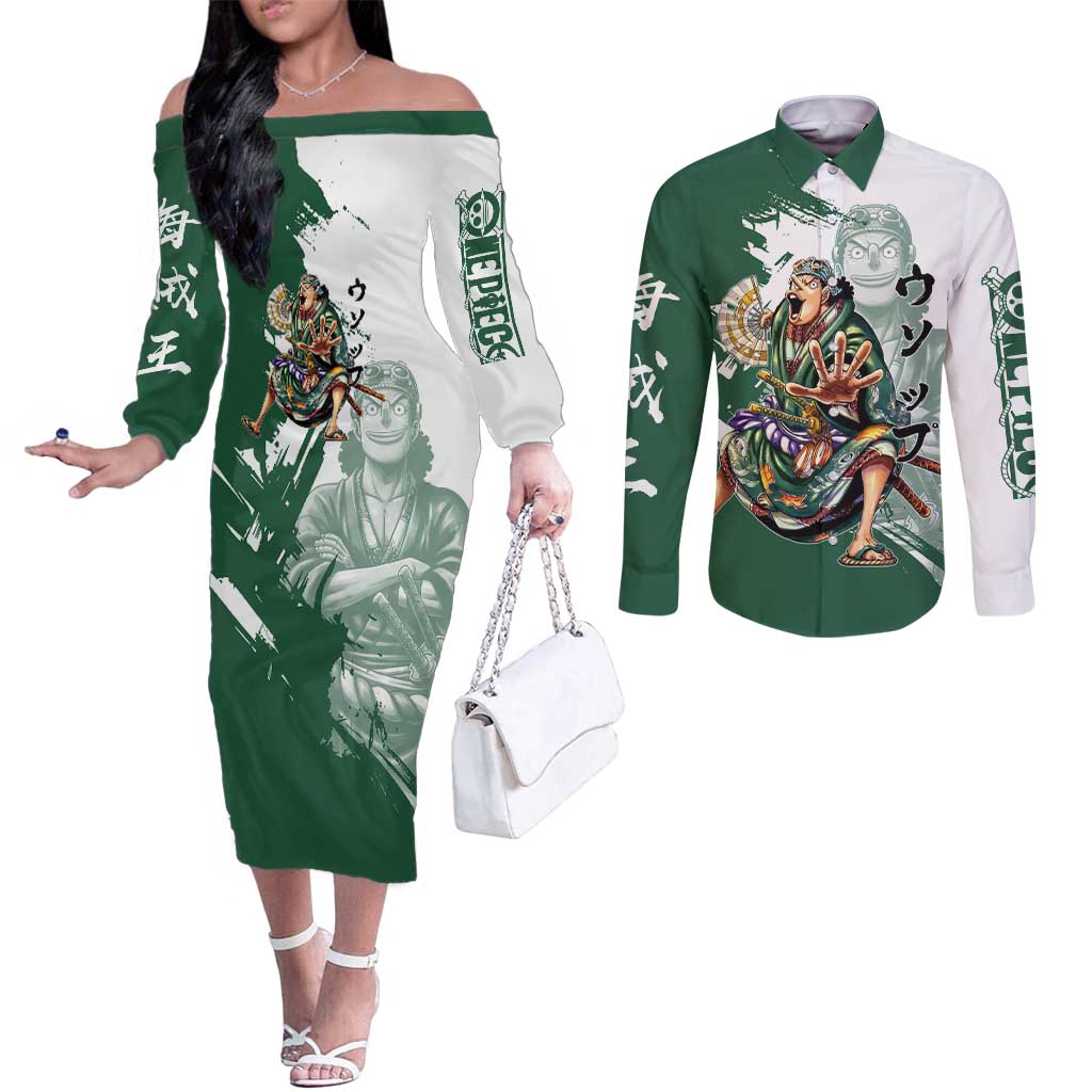 Usopp Wano Samurai Edition Couples Matching Off The Shoulder Long Sleeve Dress and Long Sleeve Button Shirt Traditional Japanese Kimono Style