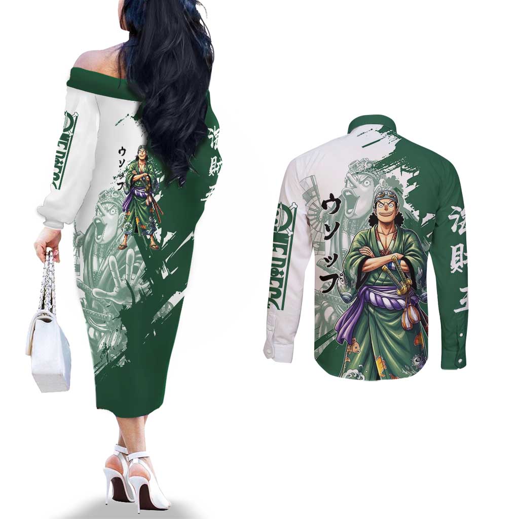 Usopp Wano Samurai Edition Couples Matching Off The Shoulder Long Sleeve Dress and Long Sleeve Button Shirt Traditional Japanese Kimono Style