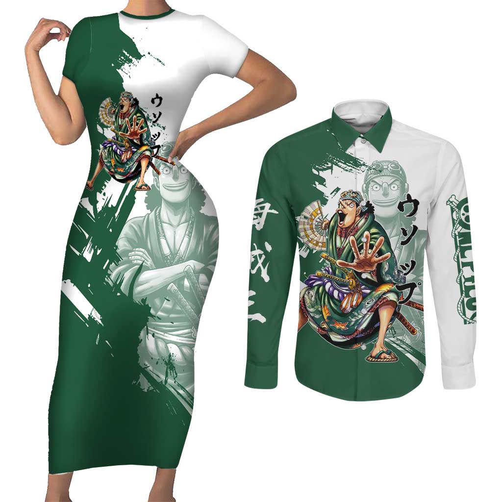 Usopp Wano Samurai Edition Couples Matching Short Sleeve Bodycon Dress and Long Sleeve Button Shirt Traditional Japanese Kimono Style