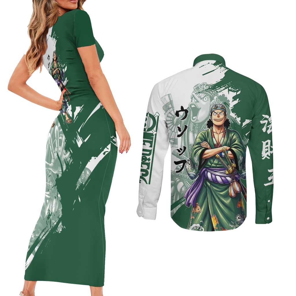Usopp Wano Samurai Edition Couples Matching Short Sleeve Bodycon Dress and Long Sleeve Button Shirt Traditional Japanese Kimono Style