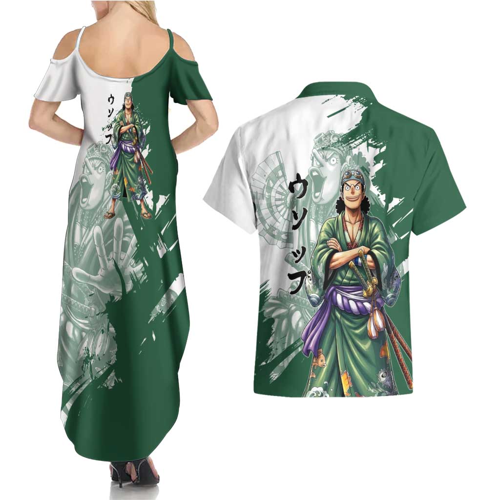 Usopp Wano Samurai Edition Couples Matching Summer Maxi Dress and Hawaiian Shirt Traditional Japanese Kimono Style