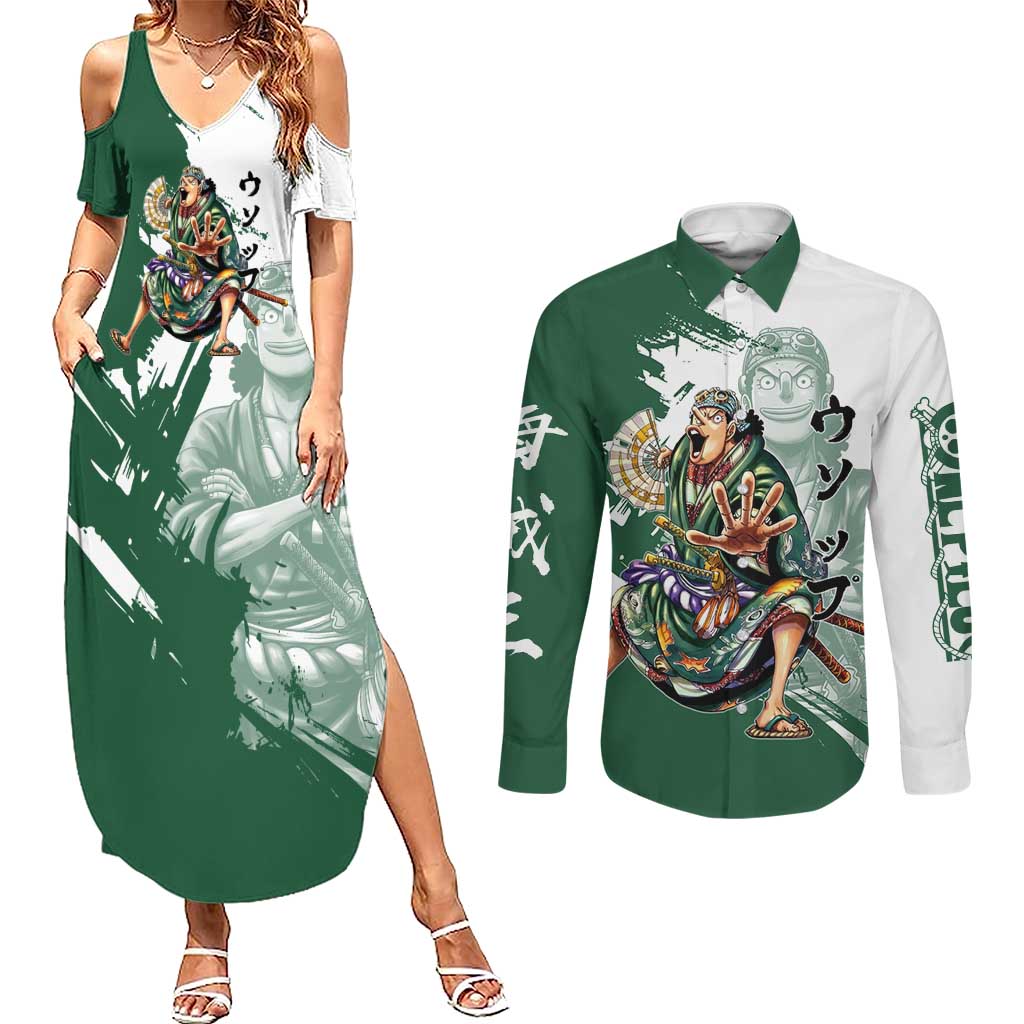 Usopp Wano Samurai Edition Couples Matching Summer Maxi Dress and Long Sleeve Button Shirt Traditional Japanese Kimono Style