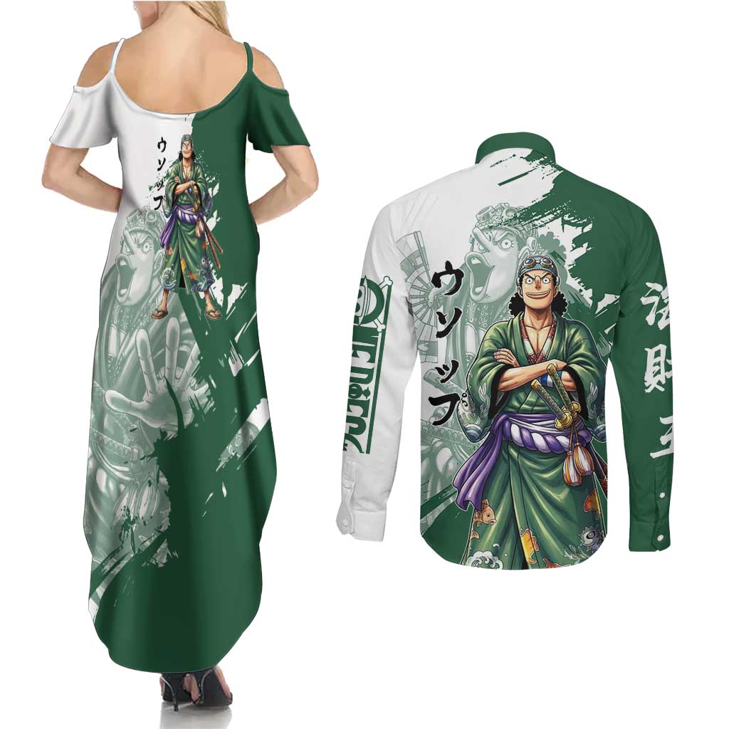 Usopp Wano Samurai Edition Couples Matching Summer Maxi Dress and Long Sleeve Button Shirt Traditional Japanese Kimono Style