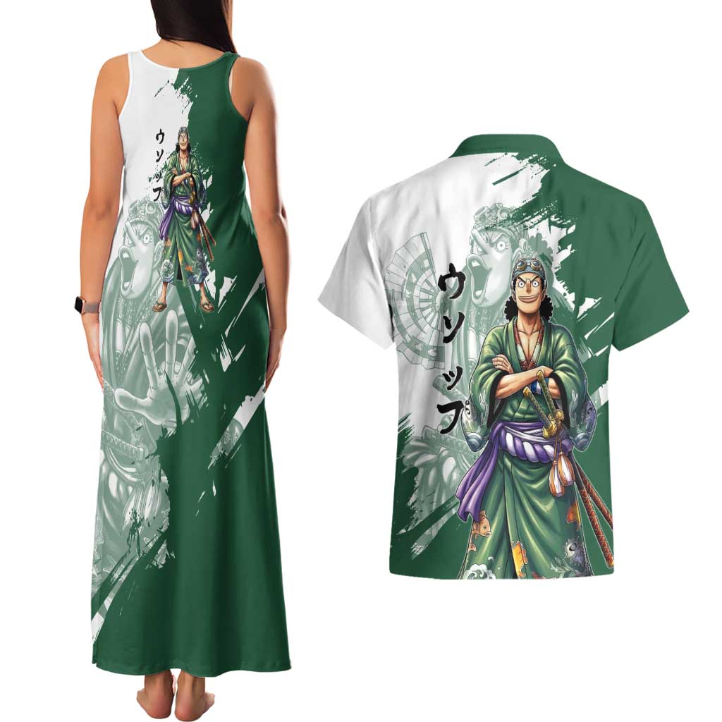 Usopp Wano Samurai Edition Couples Matching Tank Maxi Dress and Hawaiian Shirt Traditional Japanese Kimono Style