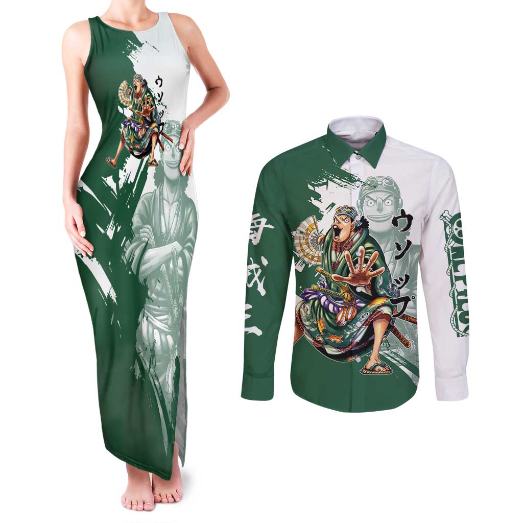 Usopp Wano Samurai Edition Couples Matching Tank Maxi Dress and Long Sleeve Button Shirt Traditional Japanese Kimono Style