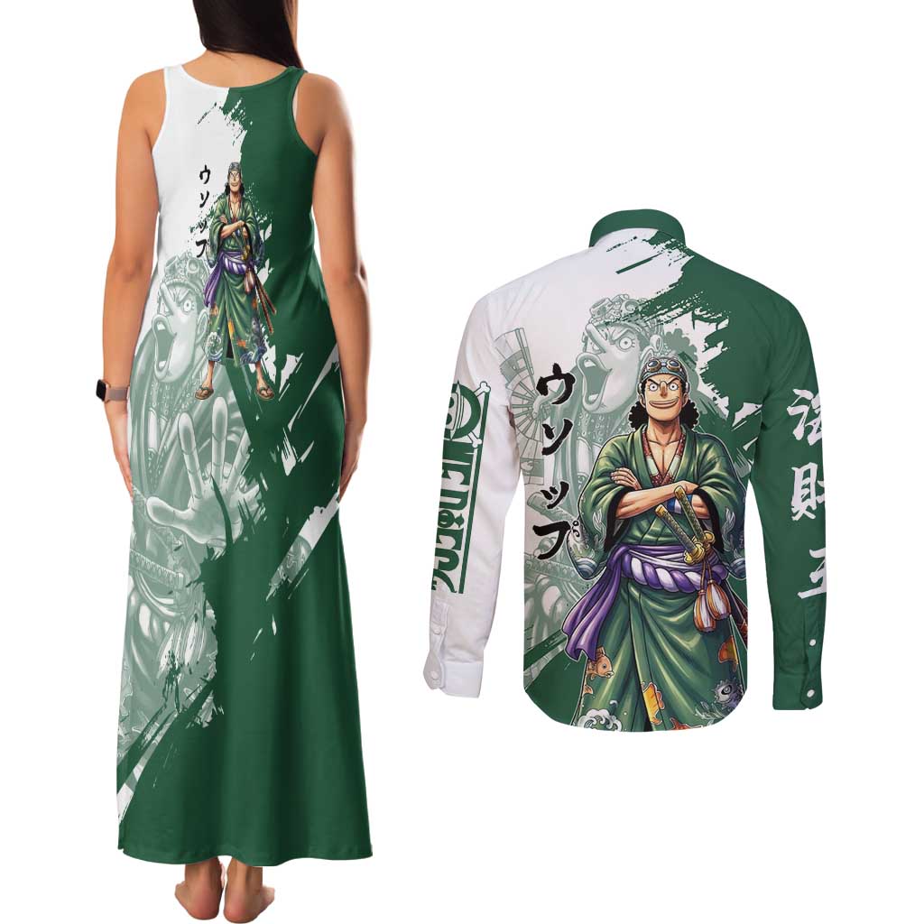 Usopp Wano Samurai Edition Couples Matching Tank Maxi Dress and Long Sleeve Button Shirt Traditional Japanese Kimono Style