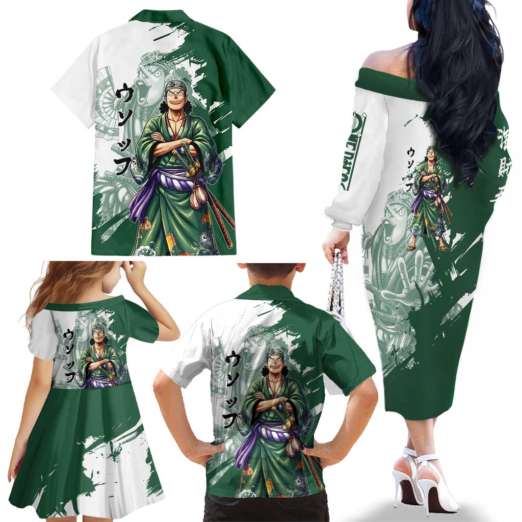 Usopp Wano Samurai Edition Family Matching Off The Shoulder Long Sleeve Dress and Hawaiian Shirt Traditional Japanese Kimono Style
