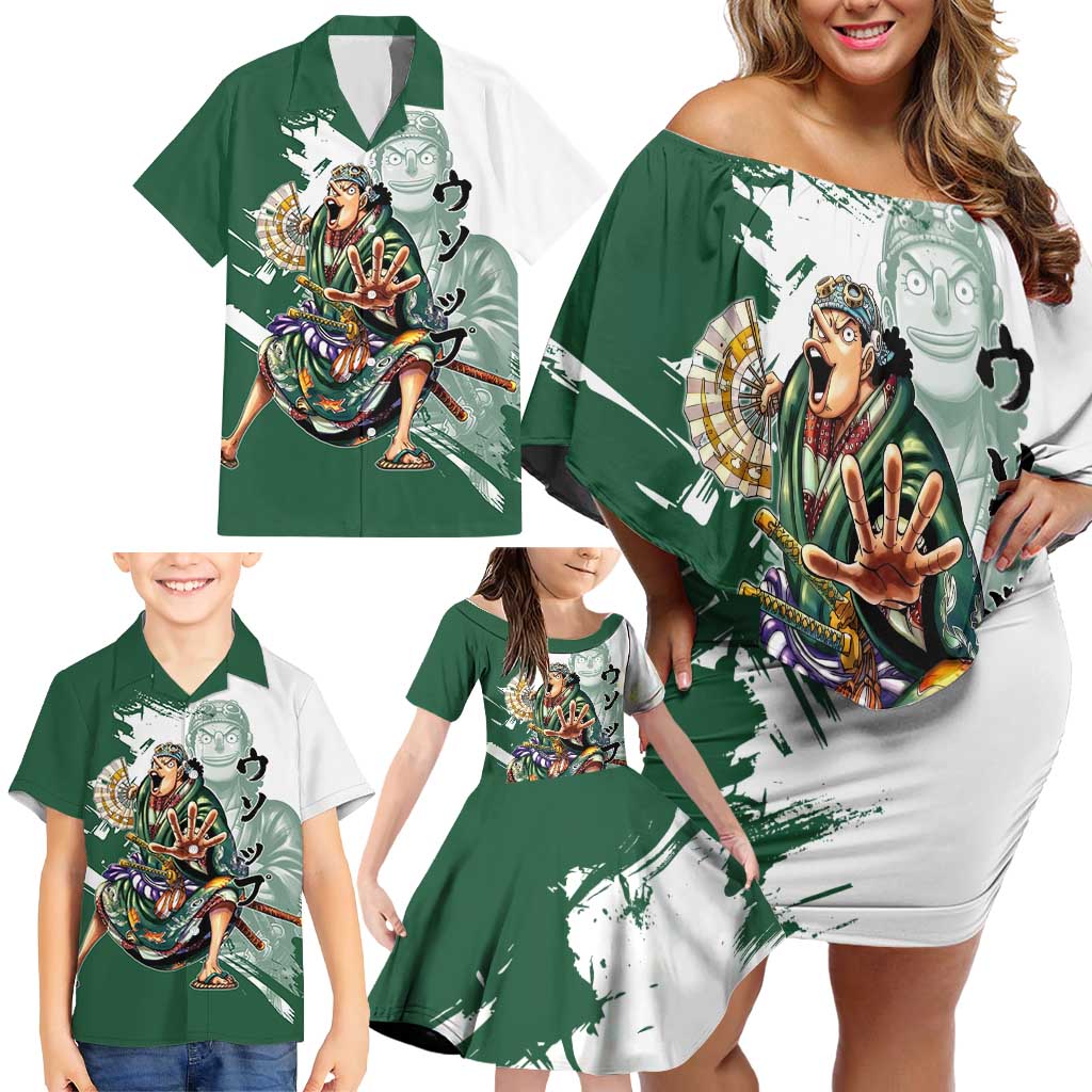 Usopp Wano Samurai Edition Family Matching Off Shoulder Short Dress and Hawaiian Shirt Traditional Japanese Kimono Style