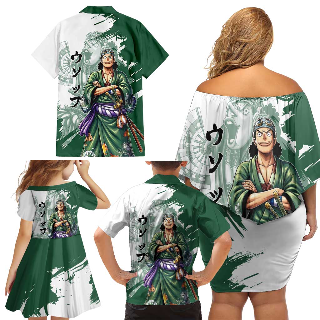 Usopp Wano Samurai Edition Family Matching Off Shoulder Short Dress and Hawaiian Shirt Traditional Japanese Kimono Style