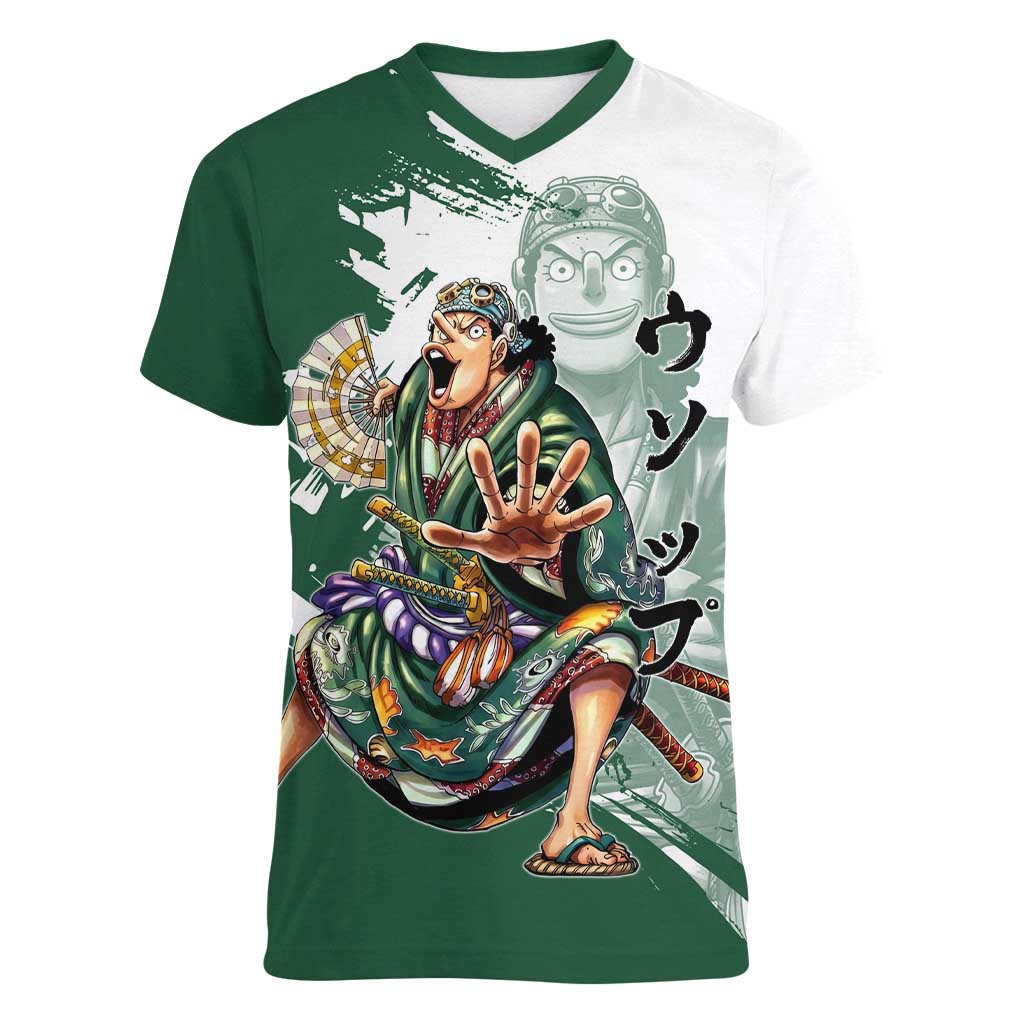 Usopp Wano Samurai Edition Women V-Neck T-Shirt Traditional Japanese Kimono Style